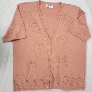 Alfred Dunner Women's Twofer Shirt Sweater Short Sleeve Peach Floral Size Large